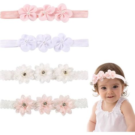 Set di 4 fasce per capelli da bambina con fiori in nastro grosgrain，fasce per capelli con fiori in chiffon，servizi fotografici e matrimoni (1/5)