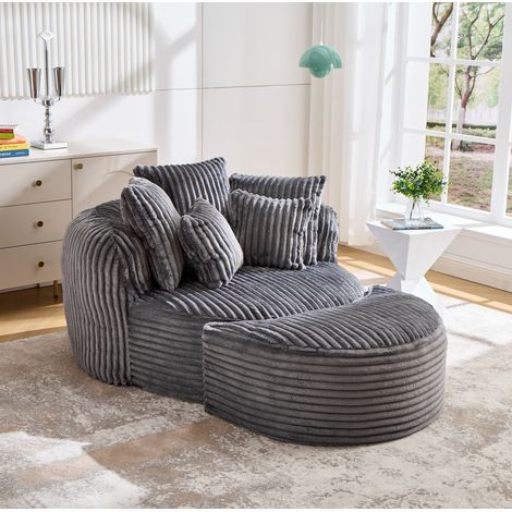 Poltrona relax rotonda senza gambe con pouf, tessuto chenille antracite, grande formato (1/5)