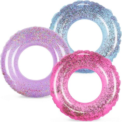 Ensemble de 3 bouées gonflables à paillettes pour piscine, de couleur violette, rose et bleue, un accessoire flottant conçu pour les jeux aquatiques récréatifs.-AquaForge (1/5)