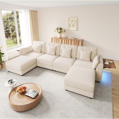 Sofá modular de esquina U/L, 2 pufs, LED, mesa auxiliar, chenilla beige HAVRYA (1/5)