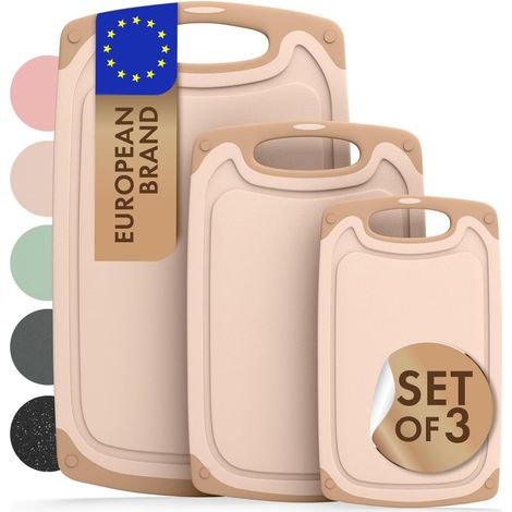 planche a decouper - set avec 3 différentes tailles (S/M/L) - planche a decouper plastique sans BPA - planche à découper avec poignée - rigole à jus - passe au lave-vaisselle - robuste - beige (1/5)