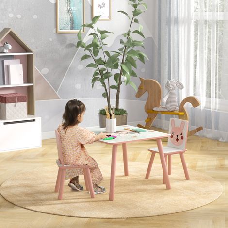 Ensemble table et chaises 3 pièces pour enfants de 3 à 8 ans. Fabriqué en MDF et en pin, avec motifs d'animaux. Rose.