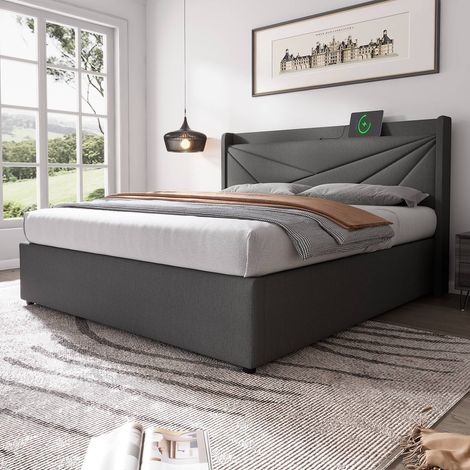 Lit coffre 180x200 cm en lin avec USB Type-C, tête de lit de rangement et sommier à lattes, sans matelas (1/5)
