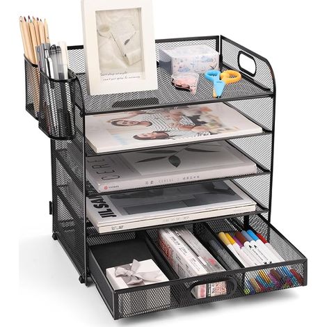 Bac à courrier en Maille, Organiseur de Bureau, Porte-Documents A4 pour la Maison, Le Bureau, l'école (Maille Métallique-5 Niveaux + Tiroir + Porte Stylo) (1/5)