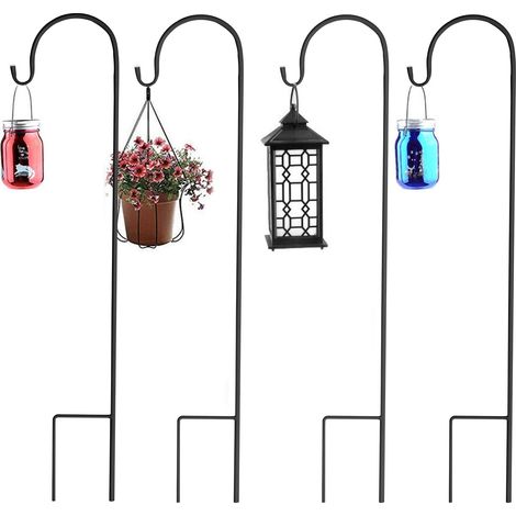 Gancho de pastor de jardín Gancho de farol de altura ajustable Gancho colgante de jardín, 8 piezas 90 cm, Negro