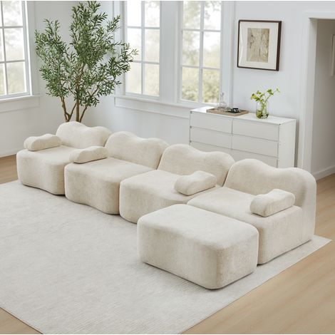 Canapé d’angle modulare 4 posti in velluto beige con pouf, design ondulato (1/5)