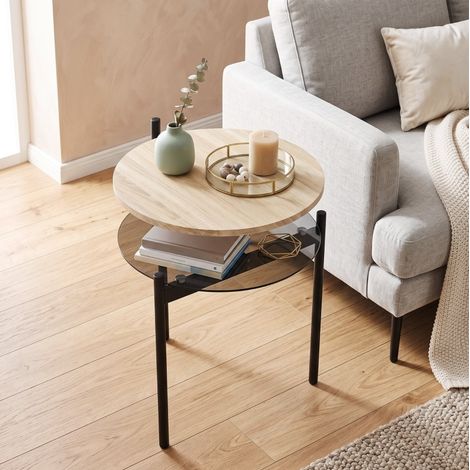 Tavolino rotondo 41,8x39,8x53,5 cm con piano in vetro, base in legno rovere e metallo nero (1/5)