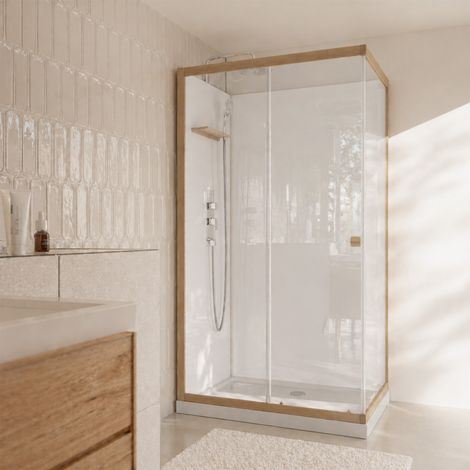 Cabina doccia rettangolare 110x80x200/230cm effetto legno e fondo bianco - Piatto doccia basso