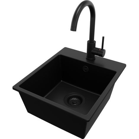 PRIMAGRAN Evier Cuisine en Granit 38x44cm, Lavabo 1 bac + Robinet 32x20cm + Kit de Vidage, Évier à Encastrer au meuble 40cm - Riga Easy, Tout Noir