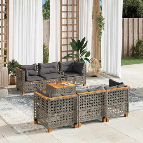 Ensemble Salon de Jardin Modulaire 7 Places en Résine Tressée Gris avec Coussins Détachables, Table en Acacia (1/5)