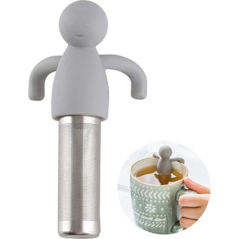 Boule à thé en acier inoxydable petit homme mignon avec poignée en silicone gris (1/5)