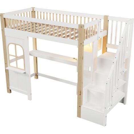 Letto a soppalco 90x200 cm con LED, scrivania, contenitore, scala, bianco e naturale (1/5)