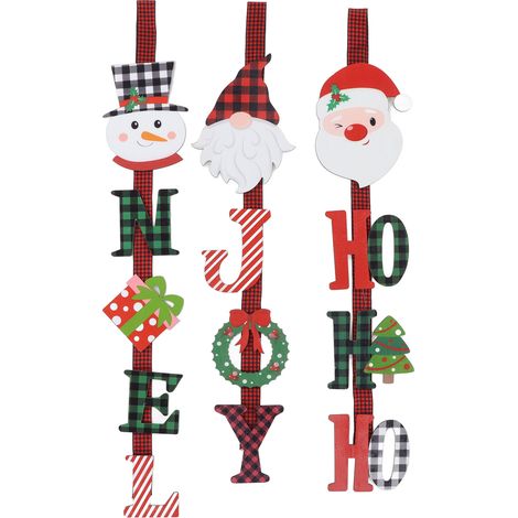 Set mit 3 farbenfrohen Weihnachtsbaumkugeln aus Holz: Weihnachtsmann, Schneemann, Elf für Weihnachtsbaum, Fenster, Tür (1/5)