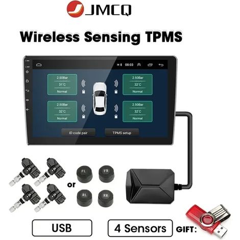 (Avec TPMS USB intégré -4 s) Système de surveillance de la pression des pneus avec alarme et capteur de pression des pneus pour voiture Android, compatible avec les lecteurs Android et avertisseur de (1/5)