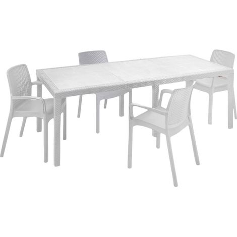 Dmora - Conjunto de mesa y sillas Moie para salón de interior, mesa rectangular extensible con 4 sillas y reposabrazos, fabricado en Italia, color blanco