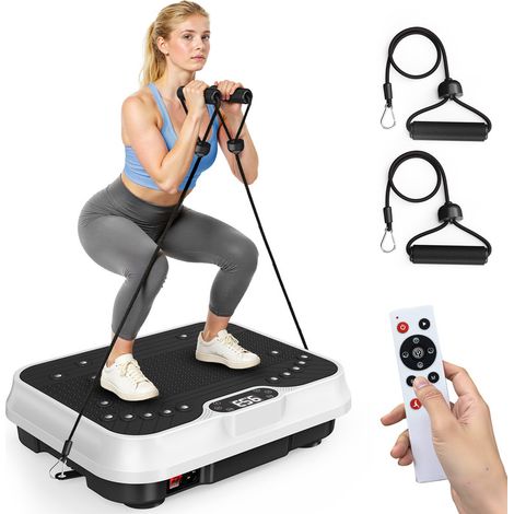 Rattantree - Plataforma vibratoria - 250 niveles de vibración - 9 programas de ejercicio - Pantalla LED - Con mando a distancia - 9 modos - Con cuerdas de resistencia - Máx. 150 kg - Blanco