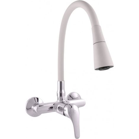 Mitigeur évier mural flexible à mémoire de forme SAZAVA en laiton chromé blanc (1/5)