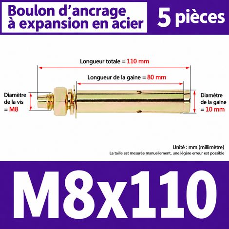 Goujon d'ancrage cheville métallique à expansion M8x110 mm lot de 5 pièces perçage 10 mm m8x110 5 pièces 10mm 1 kg – Livraison gratuite