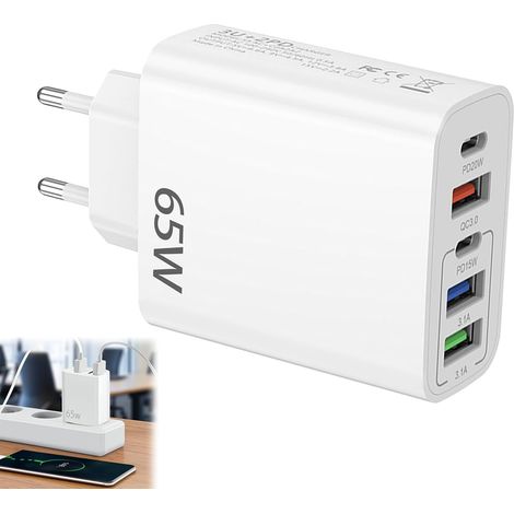 JSSEVN-Chargeur USB C 65W,5 Ports Chargeur USB C avec Rapide Intelligent QC 3.0,pour Samsng Phone Pad,Blanc (1/5)