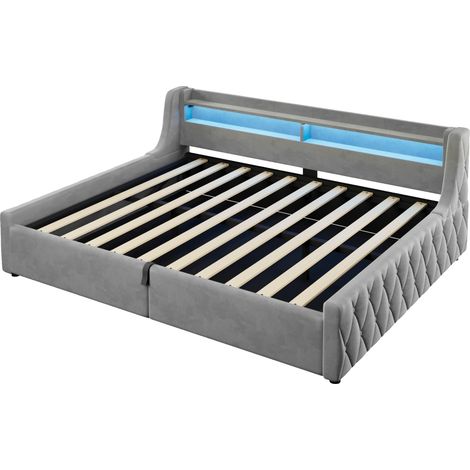 Cama con almacenaje 140 x 200 cm en tejido gris con LED y elevación hidráulica HOMVRA (1/5)