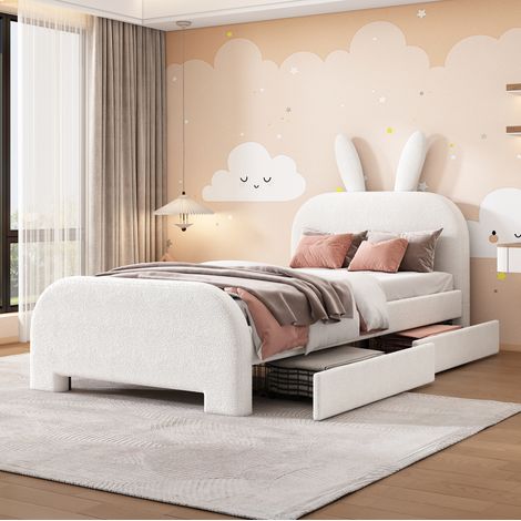 Lit enfant 90/200 cm blanc en peluche et MDF avec tête lapin et 2 tiroirs (1/5)