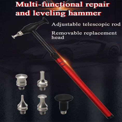 Outil de débosselage de voiture : marteau télescopique en alliage d'aluminium avec 5 embouts de frappe, kit d'outils de débosselage sans peinture, rouge