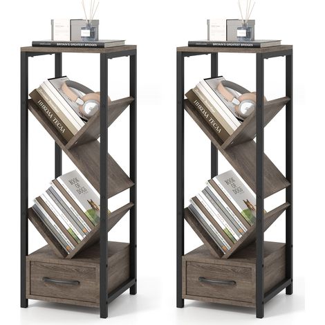 COSTWAY Tree Bookshelf 4 Tier Floor Standing Storage Organizer with Drawer (1/5)