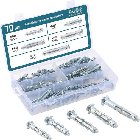 Kit surtido de 70 tornillos, anclajes para paredes huecas, perfectos para fijar paneles de yeso, placas de yeso y revestimientos a paredes o techos. Tamaños: M4 x 38 mm, M5 x 37 mm, M5 x 52 mm, M6 x 5 (1/5)