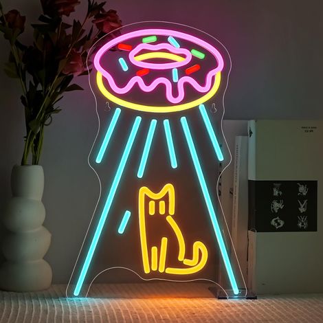 Neon Cat Space Ship Dimmable LED Panel Wall Decor Donuts UFO Space Ship Cat Led Neon Sign Sign Light for Dessert Shop Kitchen Bedroom (1/5)