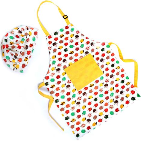 1 Pièces Tablier Peinture Enfant Coton,Tablier et toque Blouse D’Artiste Pour Enfants, Avec Poche Pour La Peinture(Hérisson Jaune) (1/5)