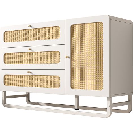 Aparador blanco con ratán y tiradores dorados, 3 cajones y armario de 1 puerta, 120 x 85 x 40 cm (1/5)