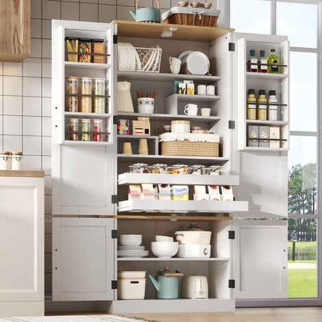 Credenza alta 80x40x180 cm, mobile contenitore con illuminazione a sensore di movimento, in MDF bianco (1/5)