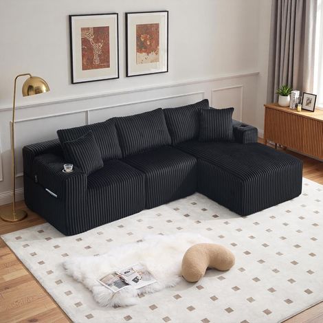 Canapé modulaire 3 place,Canapé d'angle en L avec poches latérales et porte-gobelet,canapés de compression,Tissu velours côtelé,257x160x62cm(Noir)