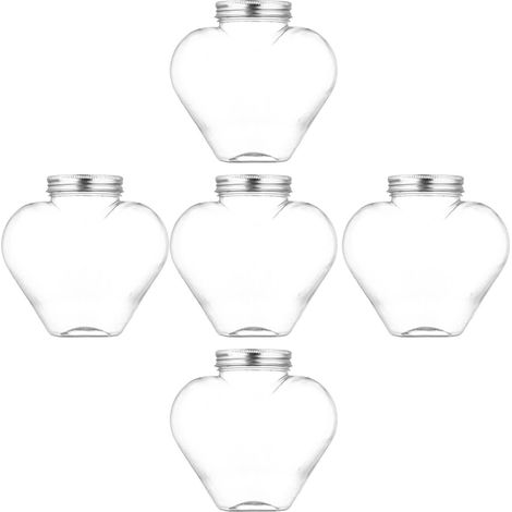 Lot 5 bouteilles à jus en plastique en forme de cœur de 500 ml avec bouchons hermétiques, Réutilisables et de alimentaire (1/5)
