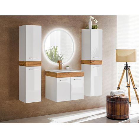 Azura Home Design – Meuble de salle de bain suspendu 2 portes avec vasque céramique – Dimensions meuble 50x52x39cm – Miroir rond 60cm avec éclairage LED (1/5)