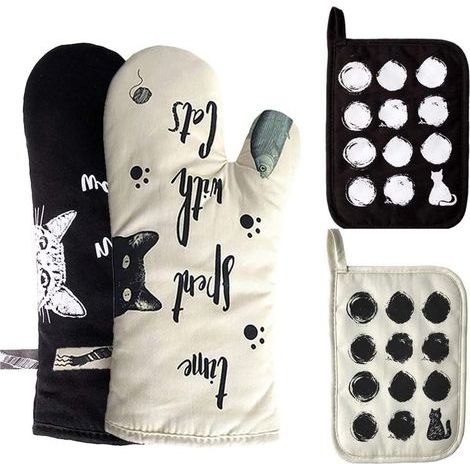 Gants cuisine coton + 2 maniques, résistants chaleur, thème chats, ensemble 4 pièces, pâtisserie/cuisine (1/5)