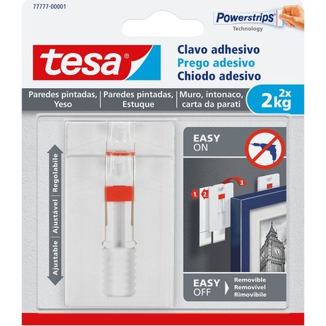 Tesa Chiodo Adesivo Regolabile per Carta da Parati Ed Intonaco 2 kg - Gancio Adesivo Regolabile in Altezza fino a 2 kg - Confezione da 2 Ganci + 6 Strisce Adesive (1/5)