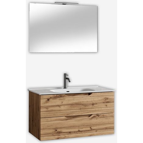 Mobile bagno sospeso con specchio e lavabo Solmira 100 - Rovere (1/5)