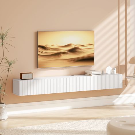 Meuble TV suspendu 180 cm 72 pouces 2 portes rabattables 180x25x22 cm blanc. Meuble TV suspendu pour grand écran, moderne et gain de place. (1/5)
