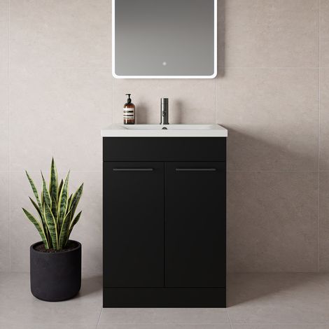 Napoli 460 Matt Black 600mm 2 Door Vanity Unit with Glide Basin - 600mm - Gunmetal Grey 160mm Handle