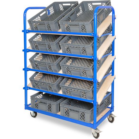 BRB Schrägboden-Regalwagen mit 5 Ebenen, bestückt mit 10 Euroboxen BxTxH 600x400x150 mm, durchbrochen, BxTxH 1050x500x1450 mm (grau)