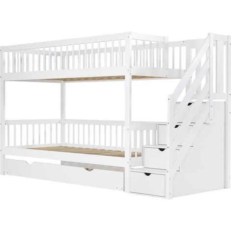 Litera con cama nido y escalera con almacenaje, pino y MDF, blanco, 90 x 200/190 cm (1/5)