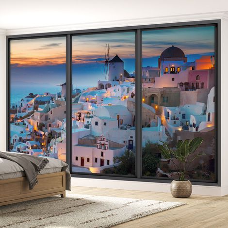 Papier peint panoramique Trompe l'oeil baie vitrée - Santorin - 130 cm x 78 cm (1/5)