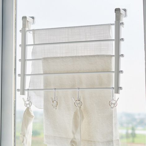 Étendoir à linge télescopique pliable Kebiwu pour intérieur et extérieur, sans perçage, discret et compact. (1/5)