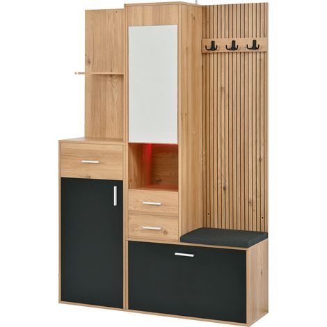 Flurgarderobe mit Schuhschrank, Spiegel, Bank und LED, schwarz/natur (1/5)