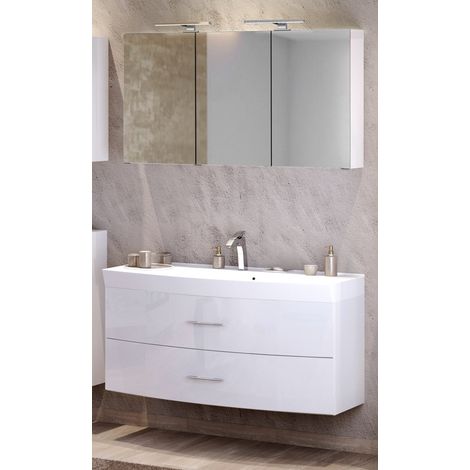 Waschplatz Set mit Waschtisch & Spiegelschrank FLORIDO-03 in Hochglanz weiß B/H/T: ca. 120 x 200 x 47 cm (1/5)