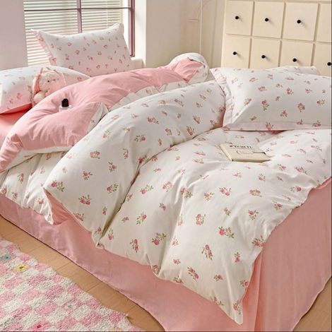 Housse de Couette 220x240 Fleurs Fleurie Rose et Blanc Réversible (1/5)