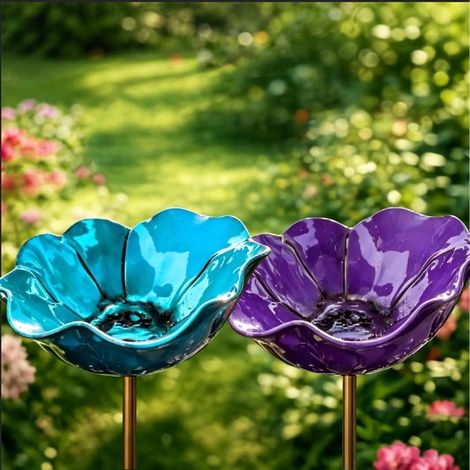 Abreuvoir et bain pour oiseaux de jardin en métal dimensions 15 x 60 cm pour oiseaux sauvages et décoration extérieure couleur violette (1/5)