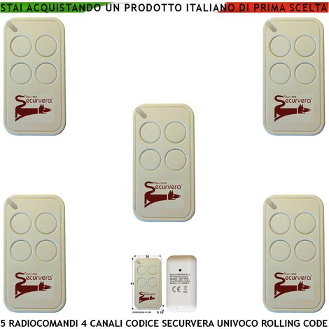 Radiocomando 5 Telecomandi Frequenza di Trasmissione 433,92 MHz 4 canali Potenza 1 mW Una Codifica di Sicurezza Univoca Securvera Led Segnalazione Funzione (1/3)