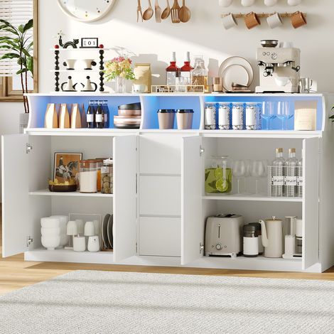 Buffet cuisine 180×40×80 cm, meuble de cuisine bas , 3 tiroirs, 4 portes, avec éclairage LED et prises, plan de travail inclus (1/5)
